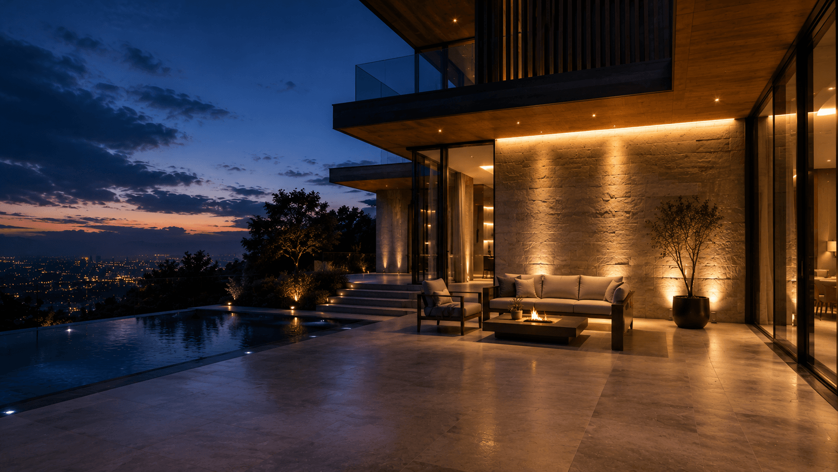 A hillside residence with an infinity pool transformed by architectural lighting at night
